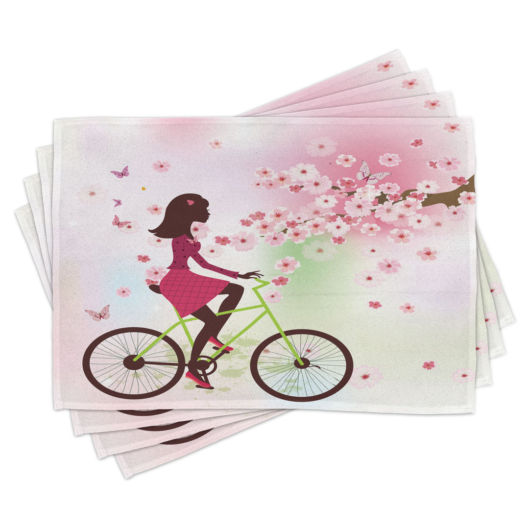 Platzdeckchen 4er-Set, Cherry Bloom Lady Bike, Grün-Rosa