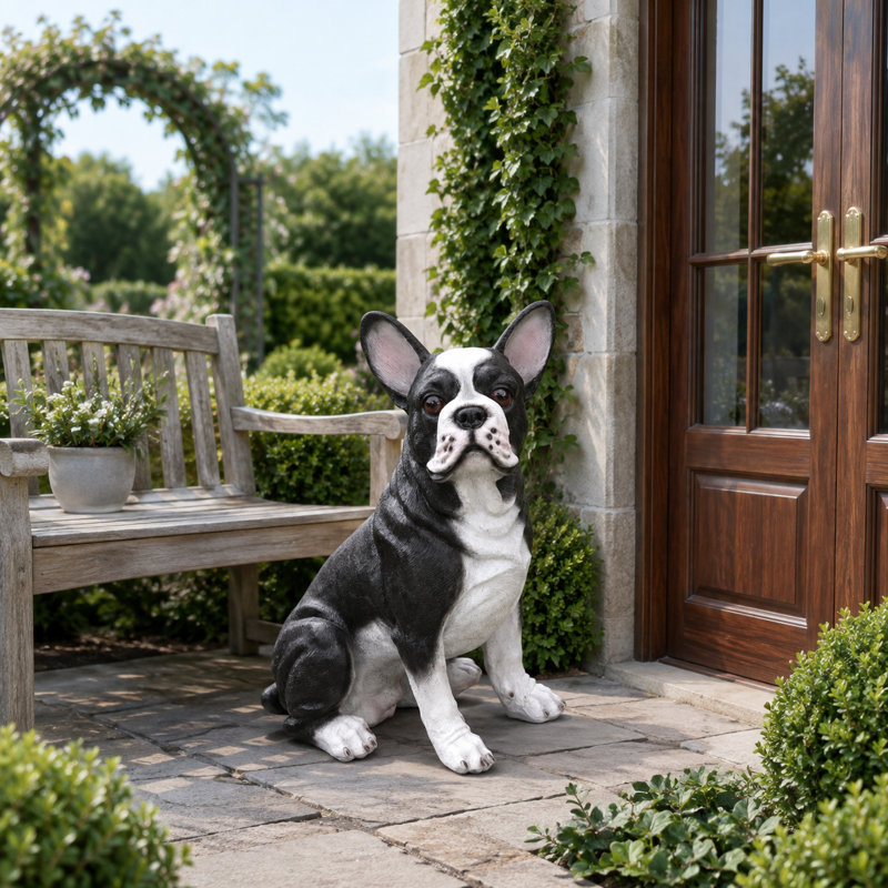 Statue de jardin en résine peinte à la main 16,9 po Boston Terrier, noir et blanc