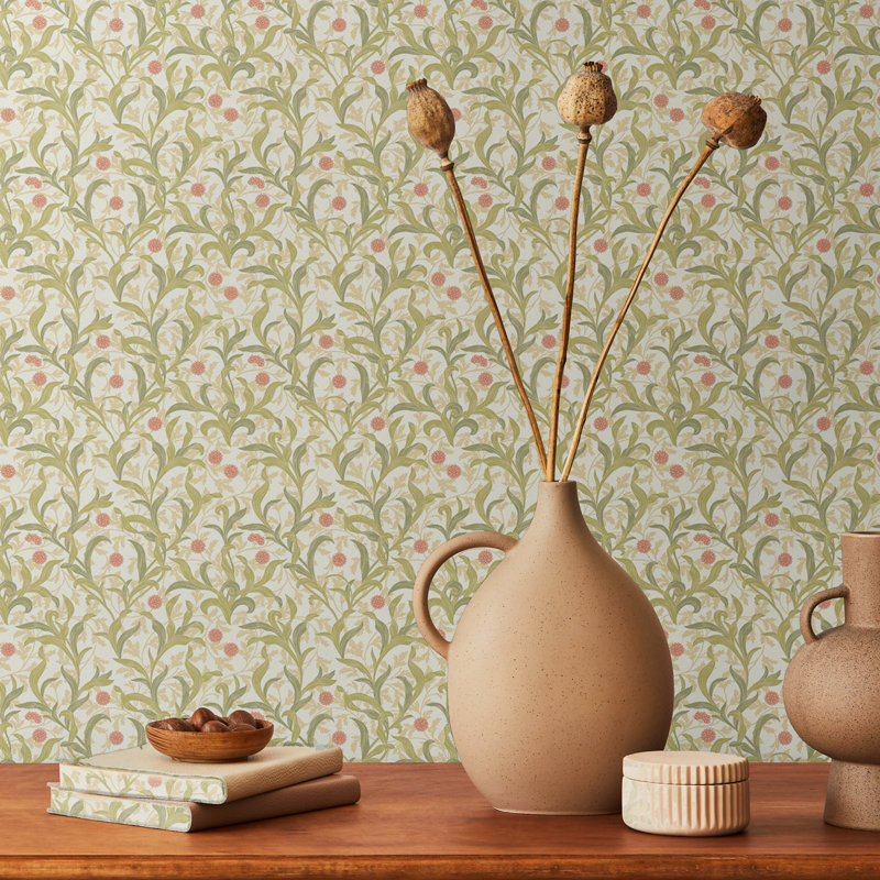Cipriano 10m x 50cm Matte Wallpaper Roll, Green/Coral