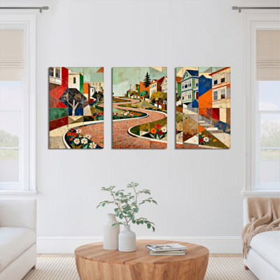 "Colorful Abstract Townscape", reproduction d'art sur toile tendue sur toile (ensemble de 3)