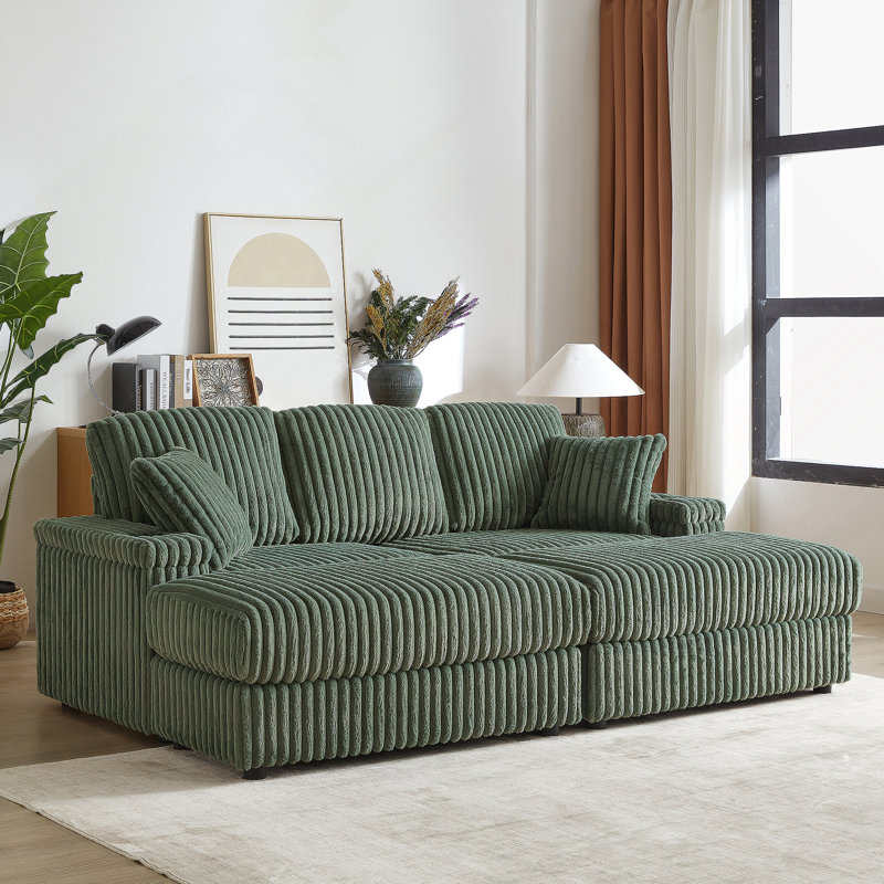 84 Inch Corduroy 3-Seater Sofa With 2 Ottomans - Deep Seat Couch With 5 Pillows, Storage Spaces & Cup Holders For Living Room