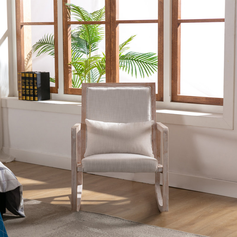 Chaise berçante en tissu de lin massif avec coussin lombaire amovible, Beige