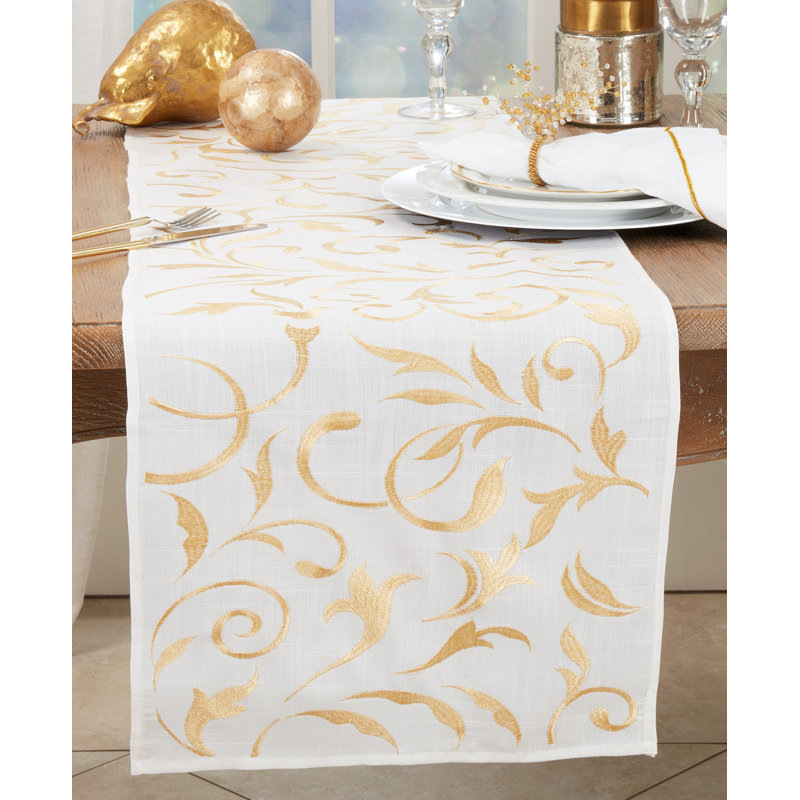 Gold Botanical Embroidered Leaves Polyester Table Runner