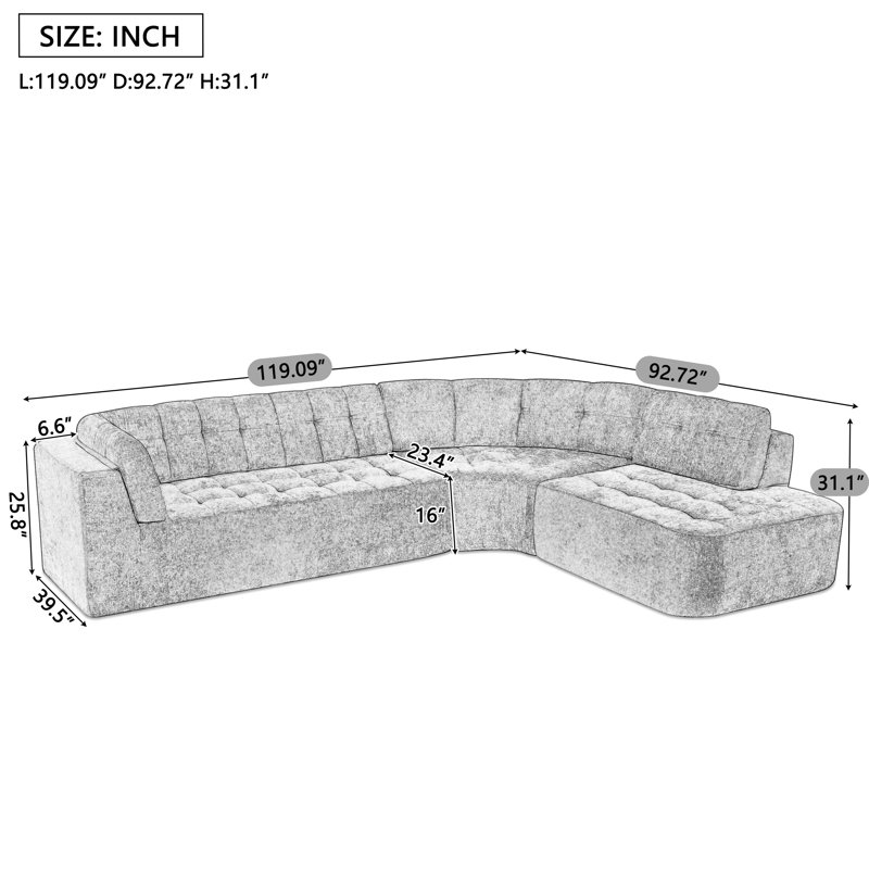 Arcadia Boneless 119" Modern Contemporary Curved Right-Facing Sectional Sofa with Tufted Upholstery, Beige