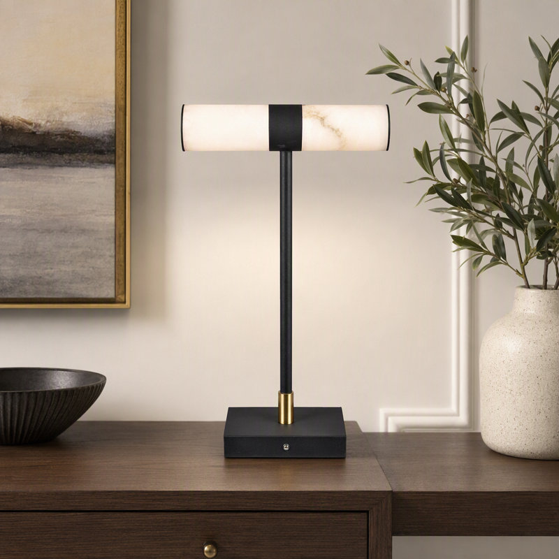 21"H Black Matte Metal Task Lamp With Black Marble Specialty Shade