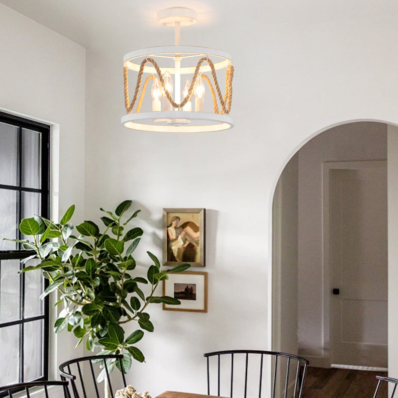 Plafonnier semi-encastré 4 lumières l 12,6 po avec cadre cylindrique en chanvre, Blanc vieilli
