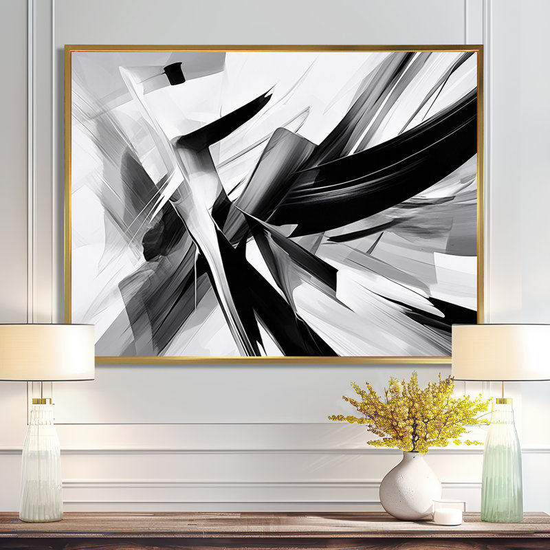 Abstrait abstrait vagues noires et blanches - Formes abstraites encadrées, H 12 po x l 20 po x P 1 po