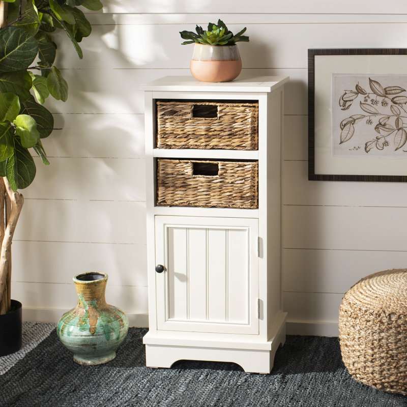 Rustic Painswick Farmhouse Accent Cabinet –Modern Pine Wood with Wicker Baskets & Functional Storage, Vintage White
