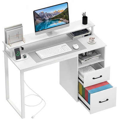 Computer Desk with Built‑in Power Outlet & USB Ports, Drawer and Closed Storage Cabinet, Metal Frame Home Office Workstation