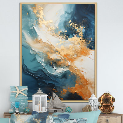 Décoration murale moderne « Rivière côtière bleue et or » - Plage et océan pour le salon