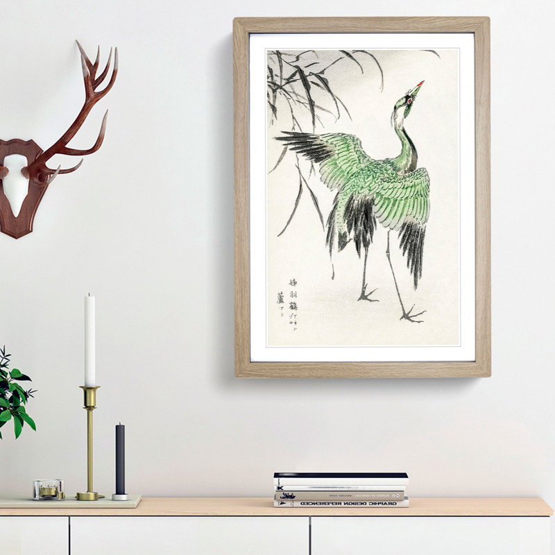 Crane Bird by Numata Kashu - Single Picture Frame Painting on MDF, Oak Framed, 91cm H x 60cm W x 2cm D