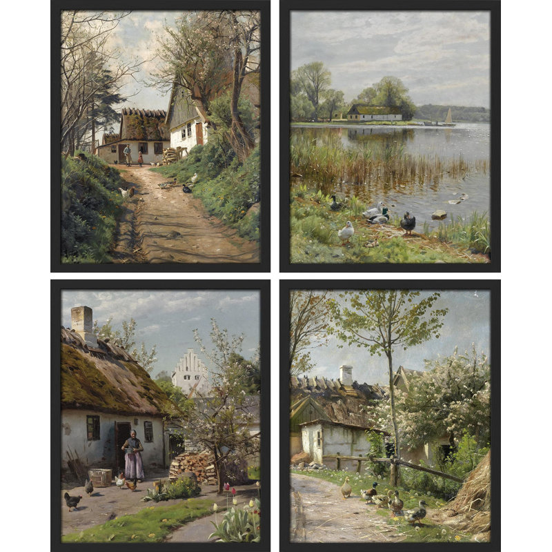 " Charming European Cottage Rustic Village Landscape " 4 - Pieces, Black, 10" H x 8" W