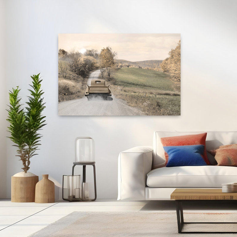 Golden Country Road, art abstrait rétro contemporain, paysage naturel, H 32 po x l 48 po