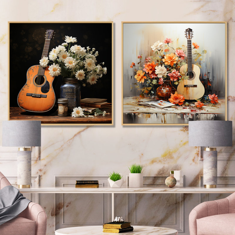 Country Music Melody I - Ensemble de 2 décorations murales musicales, Cadre flottant brun, H 30 po x l 61 po x P 1 po