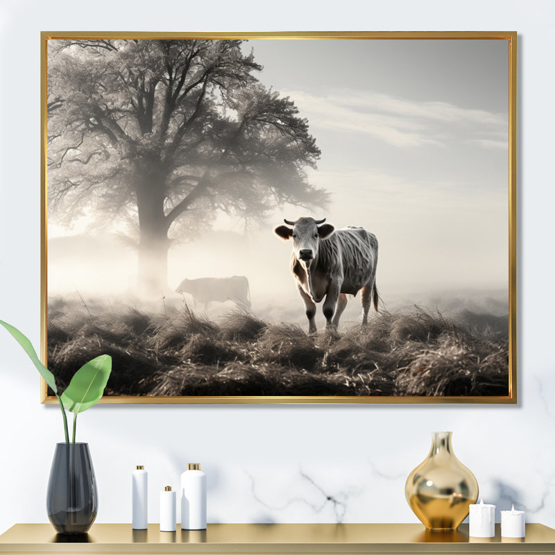 Keeny Bétail Misty Morning Grazing I - Imprimé, Cadre flottant doré, 30" H x 40" W