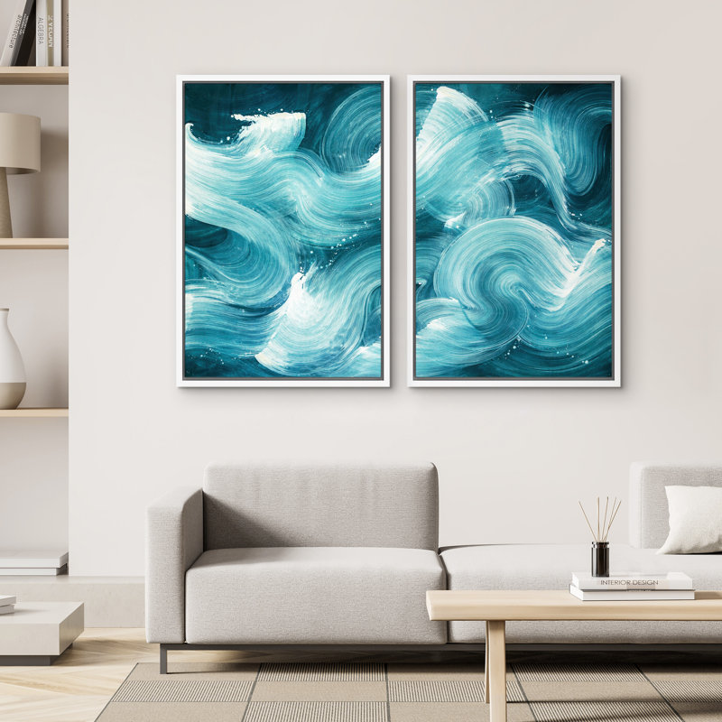 «Abstract Blue Ocean Wave Motion Art», reproduction d'art sur toile encadrée, 2 pièces, H 36 po x l 24 po x P 1,5 po, Blanc