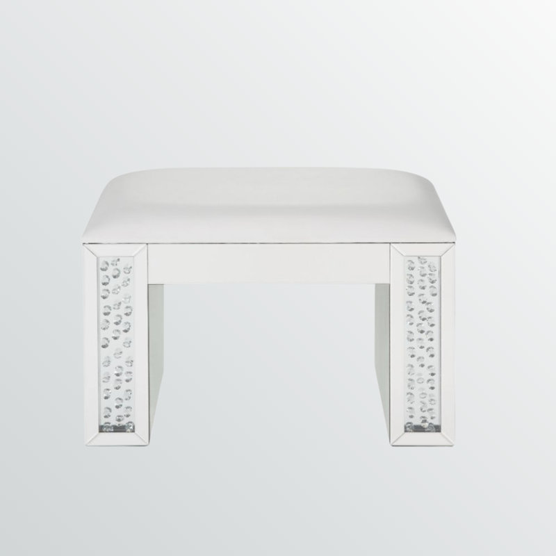 Tabouret de coiffeuse en cuir synthétique Iridescence avec miroir et faux cristaux, ivoire