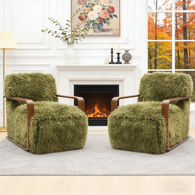 2-Pieces 28.3" Wide Faux Fur Accent Chair,Upholstered Lounge Chair With Curved Wooden Arms,Tight Back & Seat,Armchair For Living Room,Bedroom