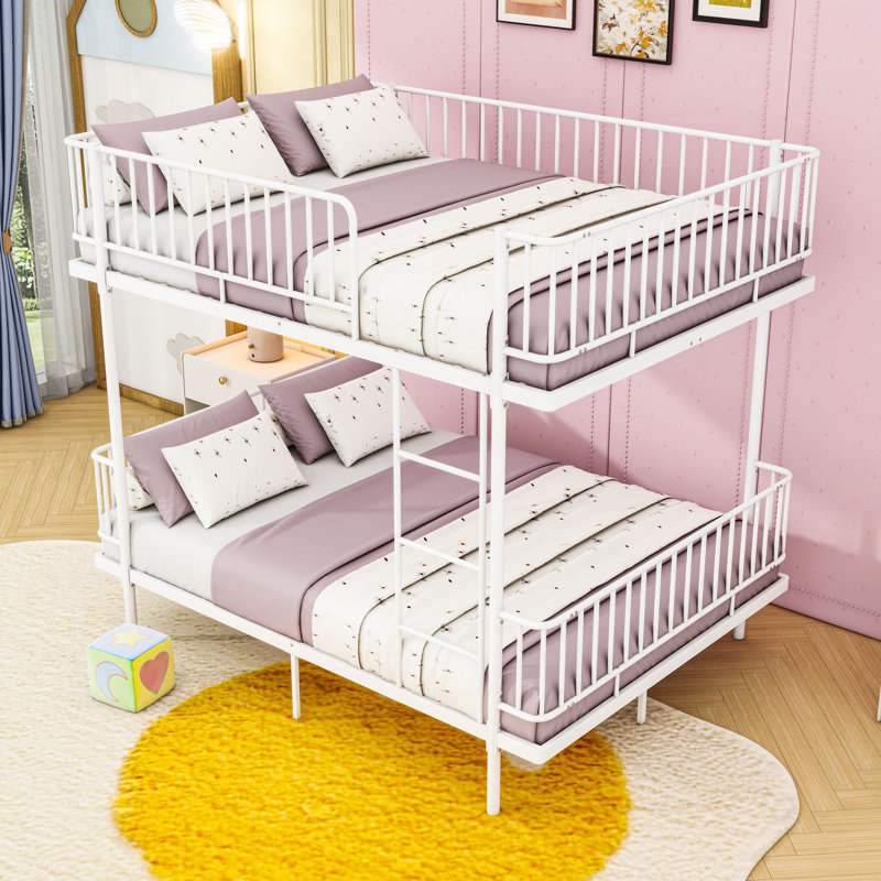 Metal Bunk Bed with Ladders and Guardrails, Full Over Full, White