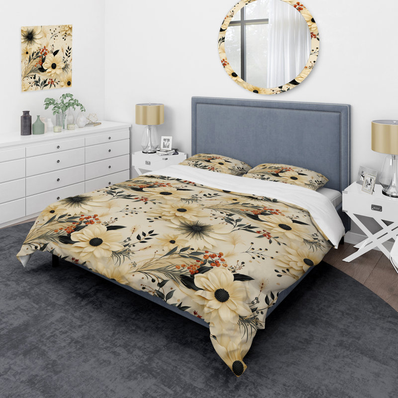 Black And Beige Flowers Chrysanthemums Pattern Floral Duvet Cover, Queen Duvet Cover + 2 Standard Shams