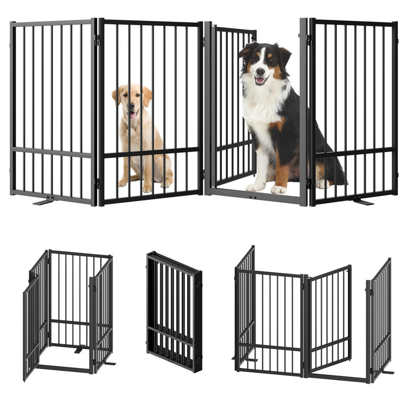 Black Metal Freestanding Dog Gate with Walk-Through Door