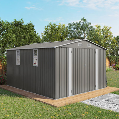 Grande remise de jardin en métal 10 x 12 pi avec une double porte et deux fenêtres imperméables pour la cour arrière, près de la piscine, gris