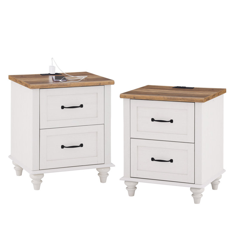 Table de chevet 2 tiroirs Aileas, Blanc / Brun, Ensemble de 2