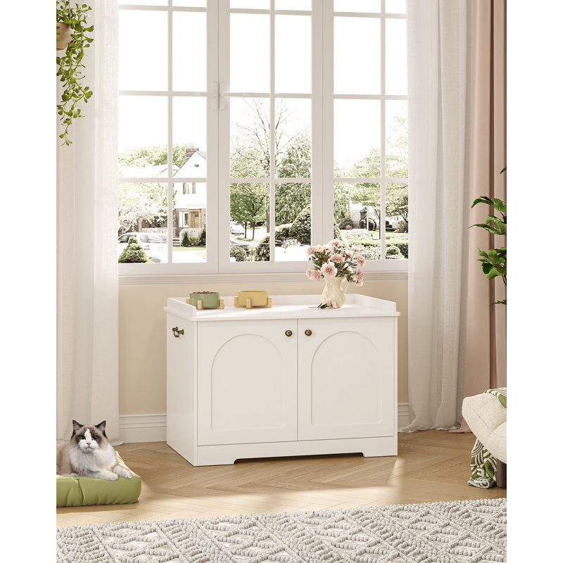 Cat Litter Box Enclosure with Handles, Hidden Litter Box Furniture with Removable Partition, Wooden Pet House Side End Table,19.7 x 31.4 x 22.4inches,White