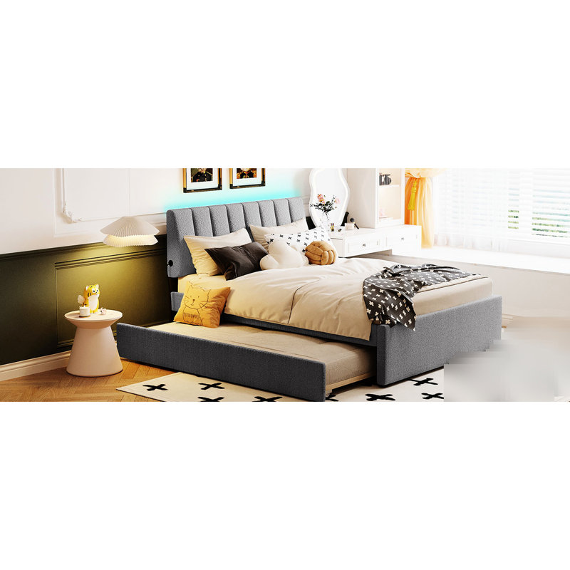 Lit plateforme tapissier en molleton gris moderne Modern, Lit double