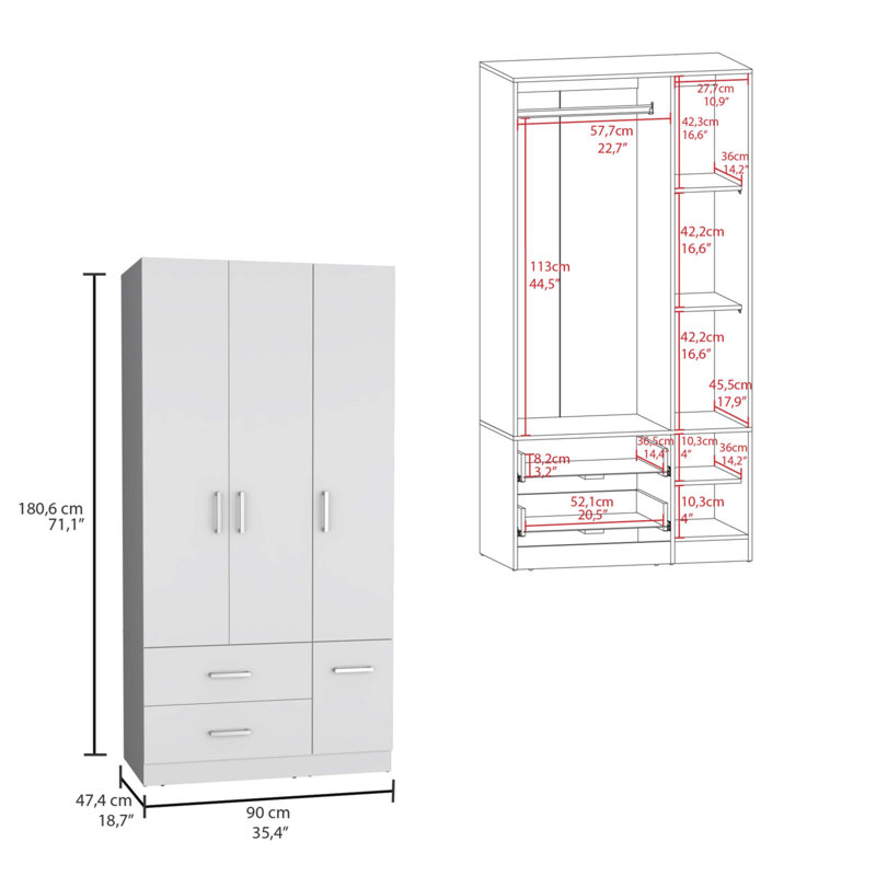 Armoire-penderie 71 po avec 2 tiroirs, Blanc