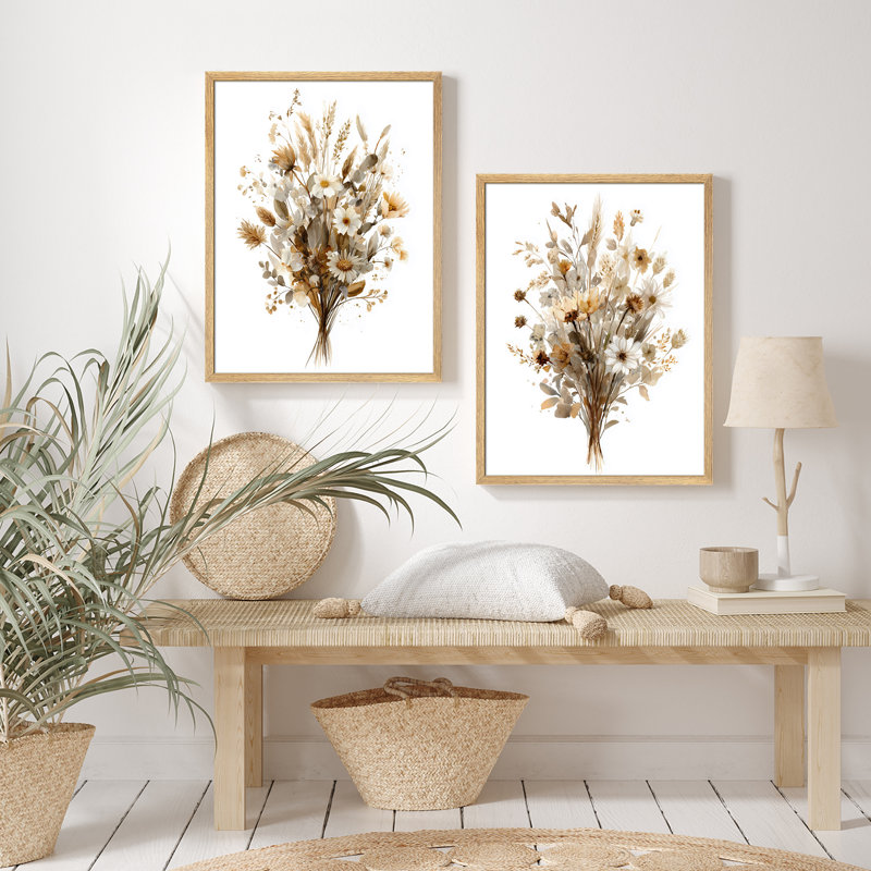 Neutral Botanical Bouquet Pair Framed Wall Art Prints Set of 2 - Soft Beige Floral Arrangement for Living Room Bedroom