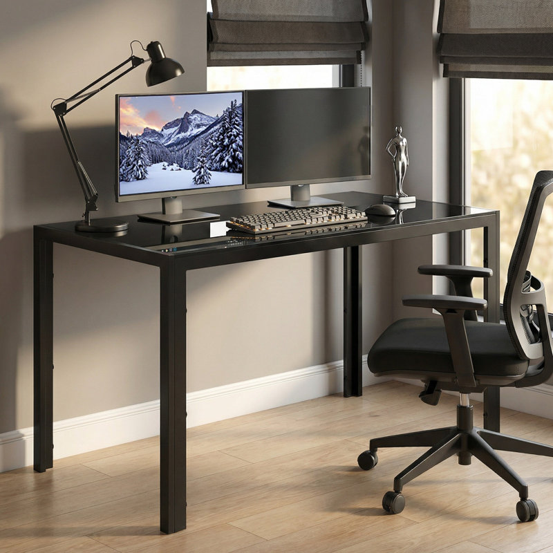 Bureau d'écriture 51,18 "moderne en verre noir avec bureau en métal pour bureau personnel