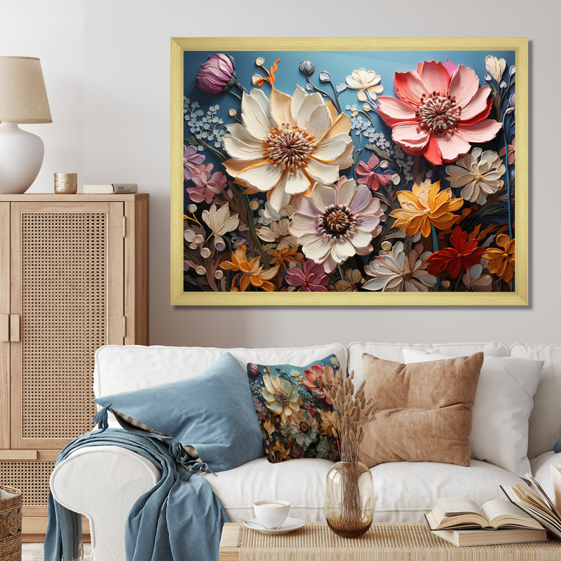 «White Pink Wildflowers Natures Symphony IV», reproduction d'art sur toile, Cadre doré simple, H 12 po x l 20 po x P 1 po