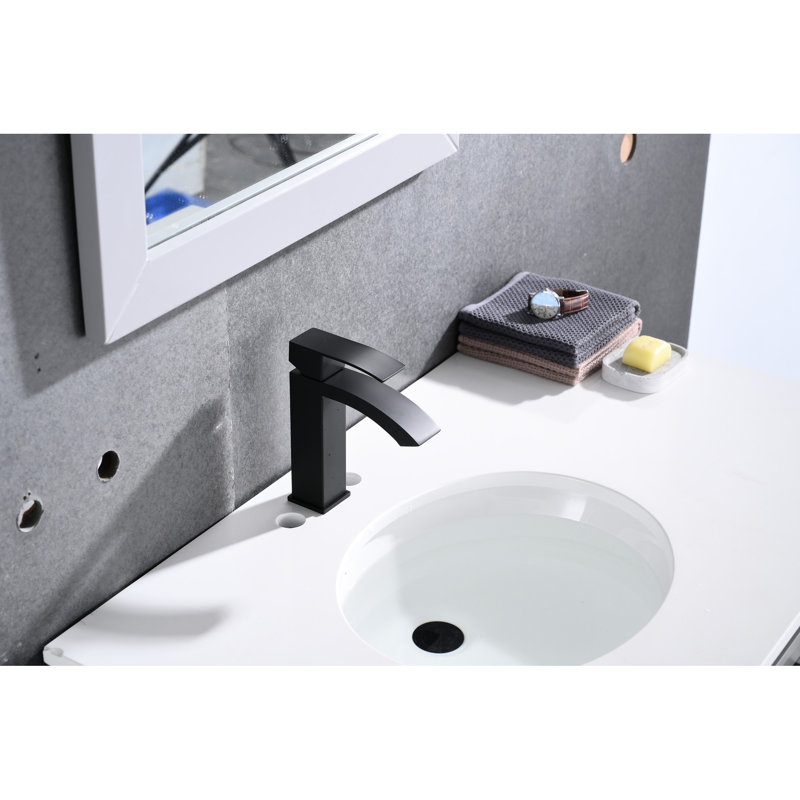 Robinet de lavabo de salle de bain avec finition noir mat et bec cascade - Bonde escamotable à poignée simple avec trop-plein attaché pour une installation facile
