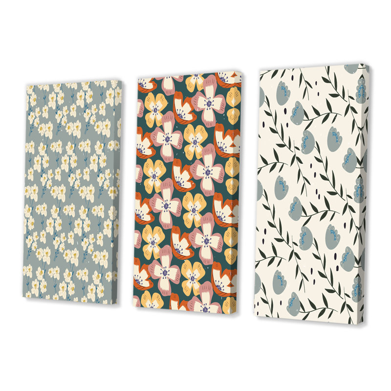 Ensemble de 3 pièces d'art rétro rétro floral minimaliste I, L 60 po x H 40 po