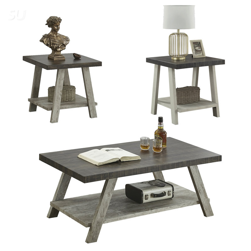 Ensemble de 3 tables basses contemporaines avec rangement supplémentaire, finition noyer patiné et gris, Gris foncé, Gris