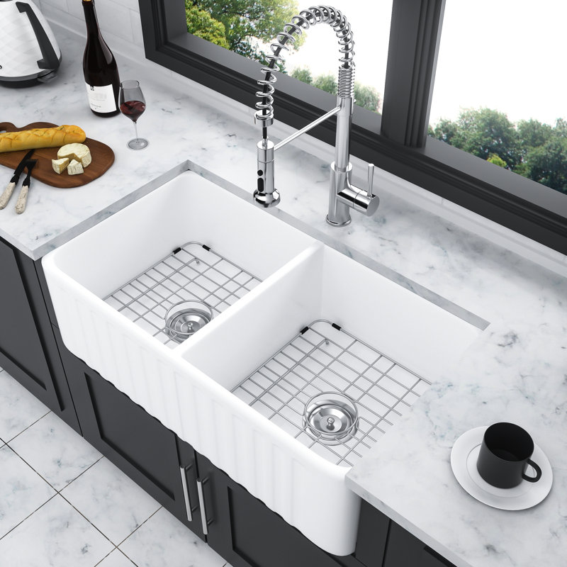 33 Inch Double Bowl White Ceramic Sink - Kitchen Use Strong Durability, Heat , Scratch Chip Discoloration Appealing 33" Farm 50/50 Highly , Scratch-, Chip-, , Graceful