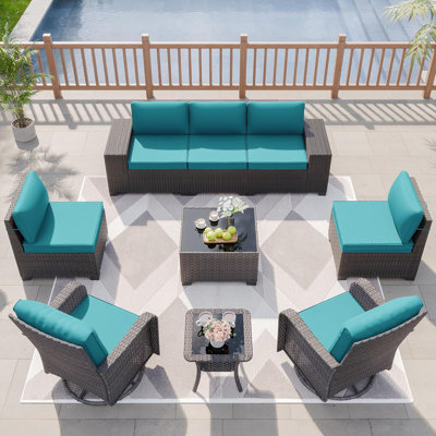 Ensemble de patio extérieur en osier 9 pièces 9 pièces avec canapé modulaire rembourré modulaire, chaises berçantes et tables pivotantes