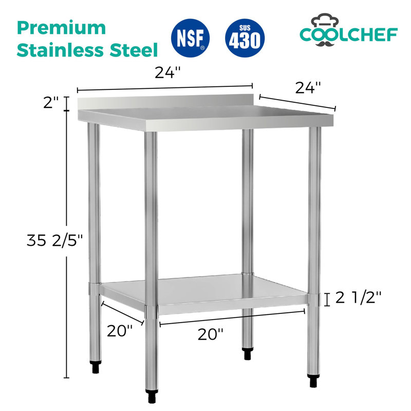 Table de travail commerciale en acier inoxydable de calibre 18 24 po x 24 po, H 35,4 po x l 24 po x P 24 po