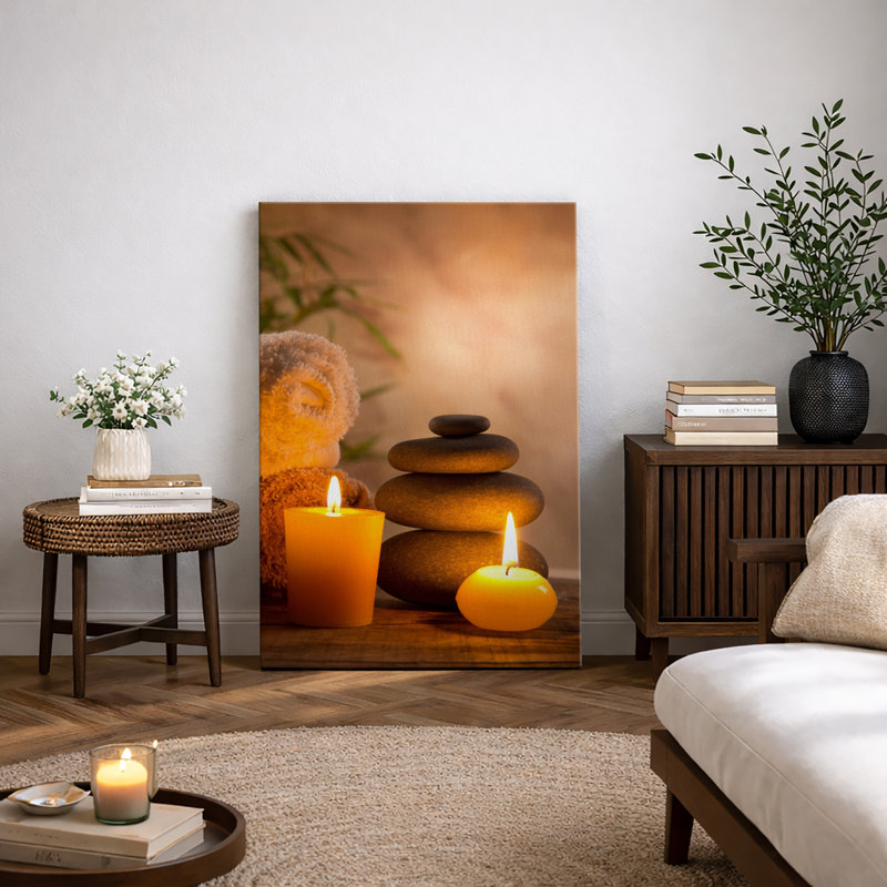 «Zen Stones Massage Spa with Warm Burning Candle», impression verticale sur toile, art mural, H 24 po x l 16 po, Toile tendue