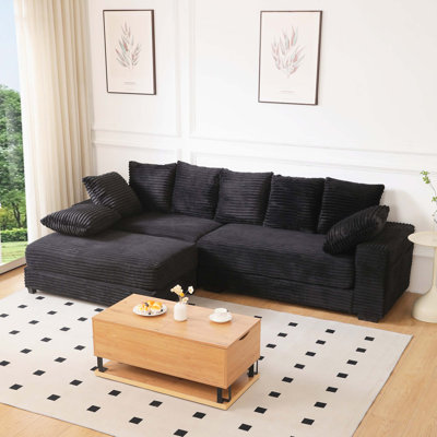 L Shaped Deep Seat Corduroy Sectional Sofa With Storage Ottoman And Decorative Throw Pillows Living Room Furniture
