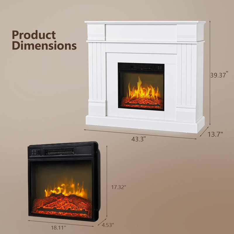 43 In. Freestanding Electric Fireplace In White With Wooden Cabinet, 39.37" H x 43.3" W x 13.58" D