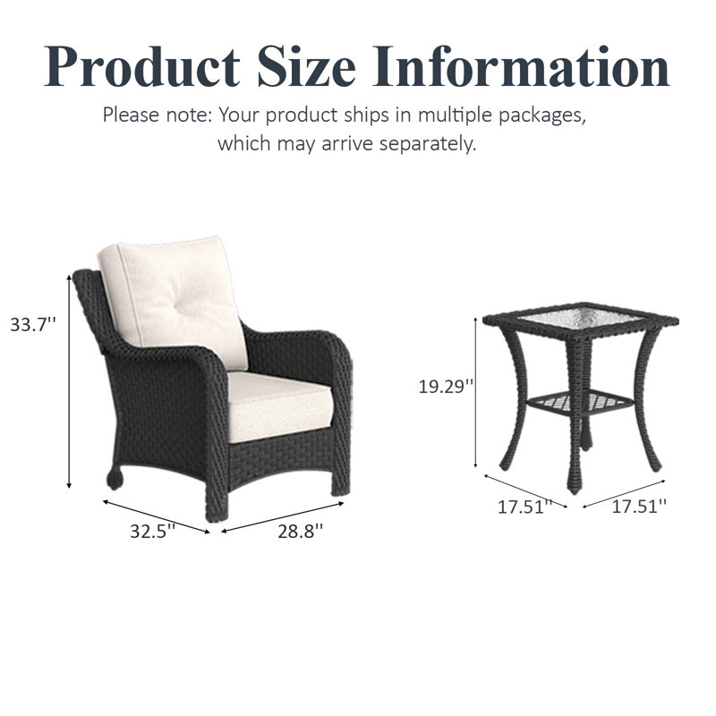  3 Piece Wicker Outdoor Furniture Set with 6-inch Comfy Cushions, High Back Patio Furniture Set with Rattan Armchairs and Side Table