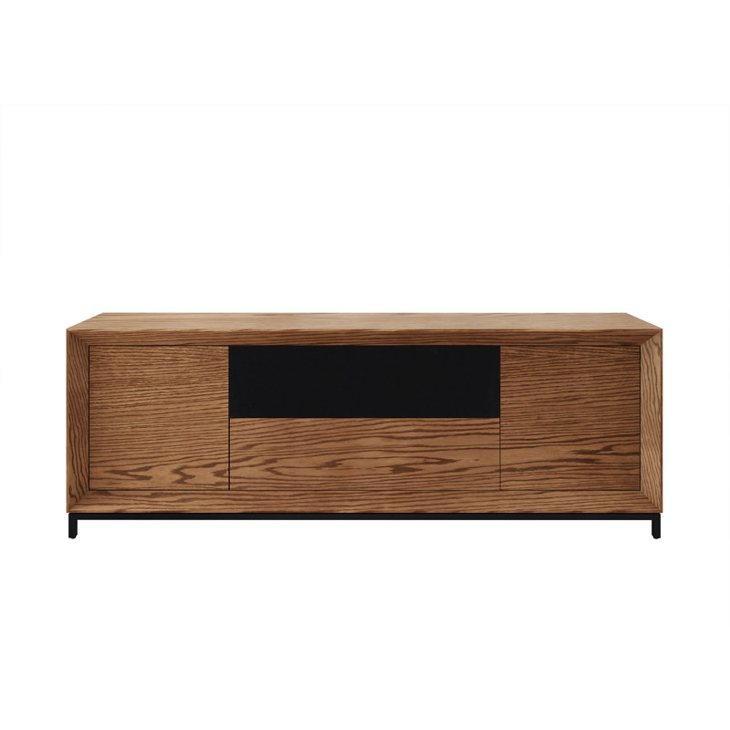 Console média en chêne rouge Furnitech Rafaela de 86 po au fini miel avec portes en bois, tablettes réglables, tiroir de rangement multimédia, panneaux arrière amovibles et gestion interne des câbles