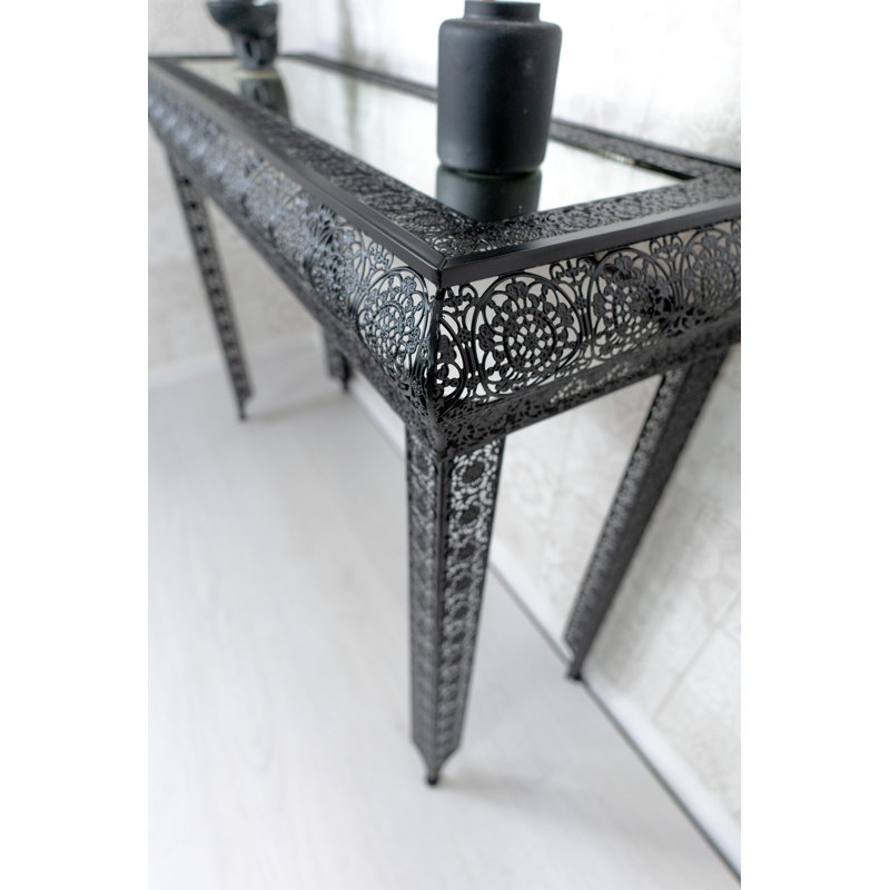 Onaga Embossed Metal & Glass Moroccan Style Console Table, Black