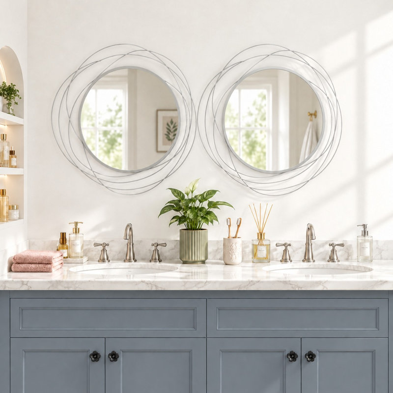 Set of 2 Metal Framed Bathroom Mirror 65cm Asymmetrical Wall Mirror Round Overmantle Mirror, Silver