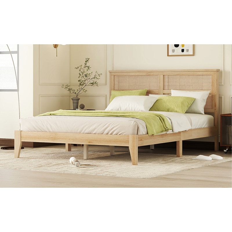 Grand lit en bois d'hévéa avec tête de lit élégante et structure robuste en chêne blanc, polyvalente et charmante