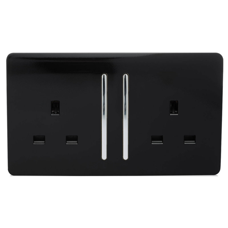 Trendi Switch 2 Gang Long Switched Plug Socket, Gloss Black