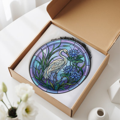 Heron Lotus Stained Glass Window Panel，12"H