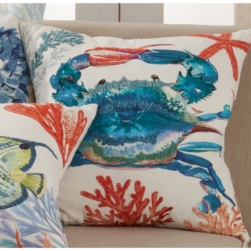 Whimsical Crab Design Cotton Throw Pillow Cover, Multi, 20"